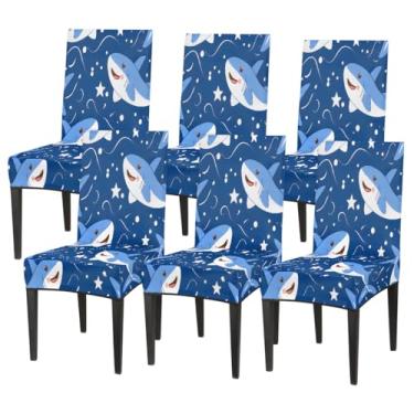 Imagem de hongjinglin Conjunto de 6 capas elásticas para cadeira de sala de jantar, capa protetora de assento de animal, tubarão, estrela, fofo, removível, lavável, para cozinha, casa, hotel, banquete, festa de