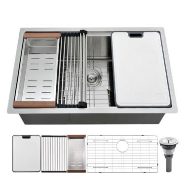 Imagem de Brovy Pia de cozinha de 76 cm, pia de cozinha, 76 x 48 cm, pias de estação de trabalho de aço inoxidável calibre 16 de 25,4 cm de profundidade com tábua de corte dupla face