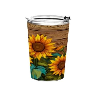 Imagem de Blueangle Copo de 340 g com tampa e canudo, copo térmico de aço inoxidável com isolamento a vácuo, girassóis em placa de madeira, caneca térmica para bebidas quentes e frias (126)