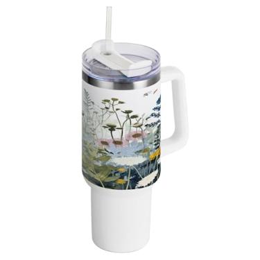 Imagem de xigua Copo vintage de flores silvestres de 1,134 g com alça e canudo, aço inoxidável duplo isolado a vácuo garrafa de água suporte de copo de garrafa de água amigável à prova de vazamento copo de