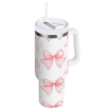 Imagem de Blueangle Copo isolado de 850 g com alça e tampa de canudo - Caneca de viagem de aço inoxidável à prova de vazamento, garrafa de água com laço de fita rosa a vácuo de parede dupla (120)