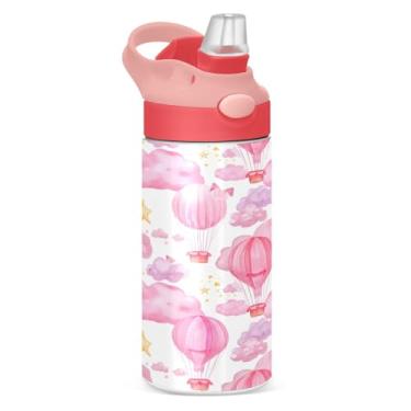 Imagem de Blueangle Garrafa de água com balões de ar quente isolados de aço inoxidável de 350 ml com tampa de canudo – Garrafa esportiva reutilizável e portátil à prova de vazamento para viagens, ao ar livre