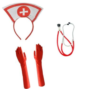 Imagem de 4 peças, fantasia vermelha de enfermeira, chapéu de enfermeira, faixa de cabeça, estetoscópio, luvas compridas vermelhas, dramatização, cosplay, conjunto de roupa sexy, vestido de Halloween