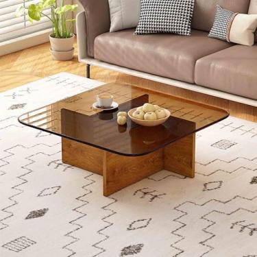 Imagem de Yadlan Mesa de centro de vidro moderna com base de madeira maciça, mesa central de design de meados do século para sala de estar, decoração elegante de casa castanho 2 80 cm
