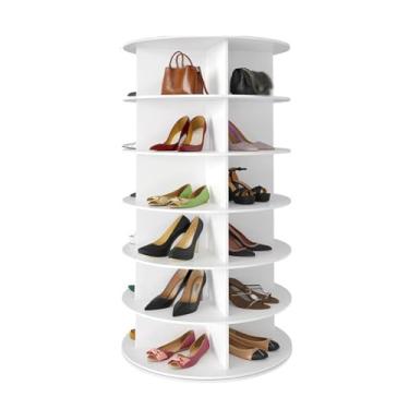 Imagem de SPXMQSS Sapateira giratória de madeira, organizador de sapatos giratório de 5/6/7 níveis, torre de sapato, 360°, fácil de montar para entrada, serve para 20 a 28 pares de sapatos brancos 6 níveis 59 x