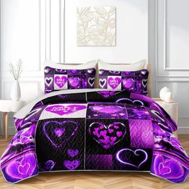 Imagem de QOOMO Conjunto de colcha infantil com estampa de corações, roxo para decoração de quarto de meninos e meninas, conjunto de cama de microfibra leve para todas as estações, 1 conjunto de colcha e 2