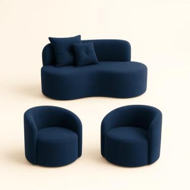 Imagem de Conjunto Decorativo 02 Poltronas + Sofá Curvo Orgânico Nature Gaia Suede Azul Marinho - Montanaris Decor