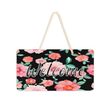 Imagem de Burbuja Placa de boas-vindas de flores rosa para porta da frente, placa de boas-vindas de PVC para decoração de férias de casa de fazenda, 15 x 28 cm