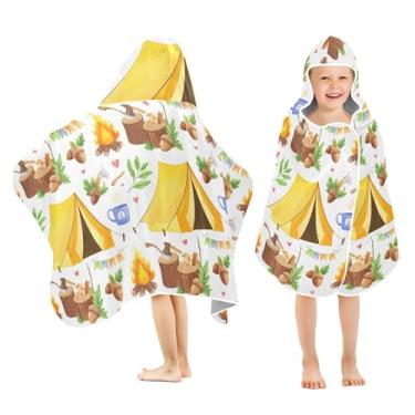 Imagem de Burbuja Toalha de banho com capuz de barracas amarelas de acampamento para crianças, toalha de praia de pelúcia macia absorvente para meninas e meninos 3-10 anos, 61 x 127 cm