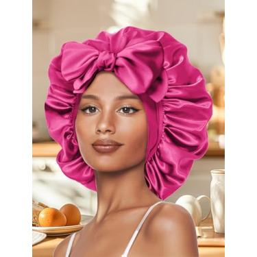 Imagem de Touca de dormir de seda ajustável para mulheres com faixa de gravata para cabelo encaracolado natural e cacheado vermelho rosa