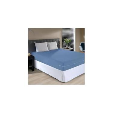Imagem de Capa de Colchão Casal Box com Elástico, Azul, 100% Polipropileno, 138x188x30cm, Proteção contra Ácaros e Poeira