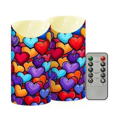 Imagem de Wassud Pacote com 2 velas coloridas em forma de coração sem chama com controle remoto, velas realistas cintilantes com temporizador, velas decorativas para Natal, casamento, festa, decoração de casa