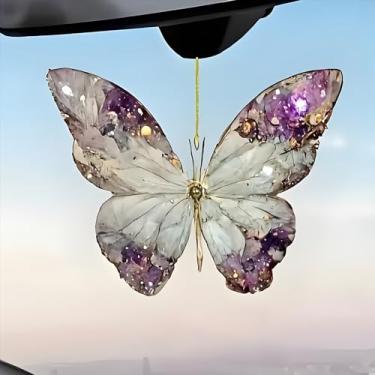 Imagem de Ornamento de borboleta com textura de ametista acrílica - decoração de asa transparente brilhante com corda dourada para espelho de carro e janela de casa (1 peça)/GJ-52