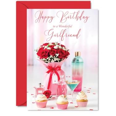 Imagem de Giftzie Cartão de aniversário de namorada - Buquê de rosas vermelhas - Cartão de feliz aniversário para namorada de namorada parceiro, cartões comemorativos de aniversário de cupcake floral A5