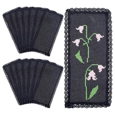 Imagem de BENECREAT 15 marcadores pretos de ponto cruz, marcadores de página bordados de algodão em branco de 20 x 8 cm com borda de renda para bordado, artesanato faça você mesmo, projetos de costura