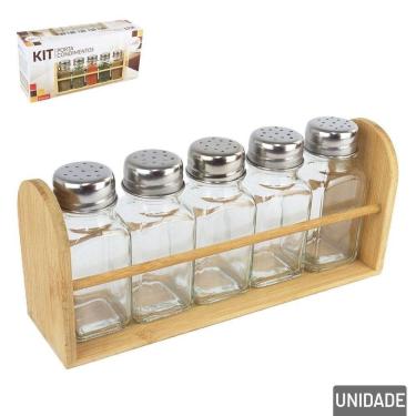 Imagem de Porta Condimento Vidro 06 Pçs Suporte de Bambu - Tudo em Caixa