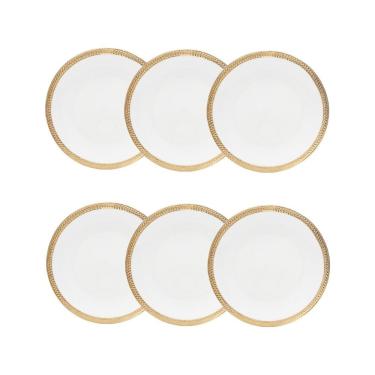 Imagem de Cj 6 Pratos para Sobremesa de Porcelana Paddy Branco/Dourado 19cm Wolff