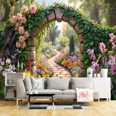 Imagem de Murais de parede de tamanho personalizado, arco de pedra videiras verdes flores rosa tecido de parede autoadesivo (sem PVC) papel de parede grande removível para sala de estar, quarto, escritório