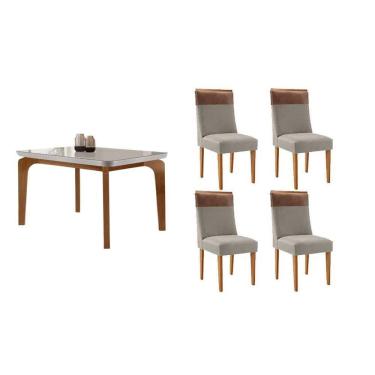 Imagem de Sala Jantar Mesa Londrina Tampo c/ Vidro Curvo 120cm 4 Cadeiras Jaspe Madeira Naturale/Off White - Capuccino/Suede Capuccino - Rufato