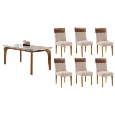 Imagem de Sala Jantar Mesa Londrina Tampo c/ Vidro Curvo 180cm+6 Cadeiras Jaspe Madeira Naturale/Off White - Capuccino/Suede Creme - Rufato