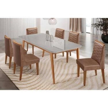 Imagem de Sala Jantar Mesa Havana Tampo c/ Vidro Curvo 180cm+6 Cadeiras Maldivas Madeira Naturale/Off White - Capuccino/Corano Capuccino - Rufato