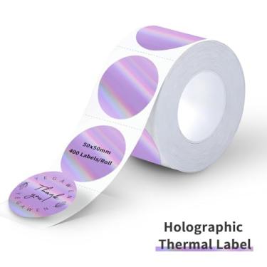 Imagem de YEGAWEN Etiquetas térmicas holográficas de 5 cm - 400 peças de etiquetas redondas para impressora térmica direta para design de logotipo DIY, à prova d'água e glitter arco-íris (roxo)