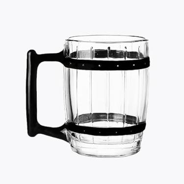 Imagem de suigetsu Canecas de cerveja de vidro com design de banda preta com capacidade de 350 ml, caneca de cerveja em forma de barril de madeira, copos com alça (transparente)