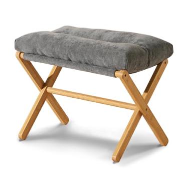 Imagem de Baveke Banqueta dobrável estofada para os pés, pequeno otomano com almofada de algodão grosso e pernas de bambu, banco de sofá acolchoado moderno para maquiagem, quarto, sala de estar, cinza
