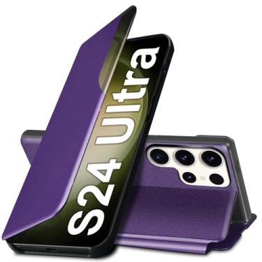 Imagem de Capa S24 Ultra Flip para Samsung Galaxy S24 Ultra 5G, capa de couro slim fit transparente para Samsung S24 Ultra capa de telefone com suporte, resistente, resistente, à prova de choque (roxa)