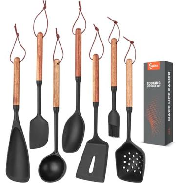 Imagem de Conjunto de 7 utensílios de silicone com cabo de madeira para cozinhar e assar, sem arranhões para panelas antiaderentes, colher de espátula, concha de sopa, pincel de regar, raspador de tigela de