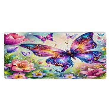 Imagem de Tapete de rato floral colorido grande borboleta à prova d'água tapete protetor de mesa estendido para computador base de borracha antiderrapante para escritório, computador, teclado, laptop e mesa de