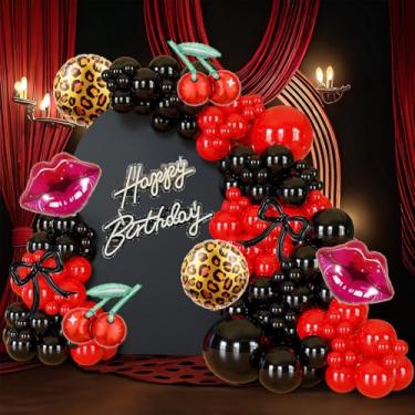Imagem de BlissBash Kit de guirlanda de arco de balão de cereja com 124 peças com balões de arco de lábios vermelhos pretos para decorações de festa de aniversário com estampa de leopardo, festa de despedida de