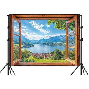 Imagem de Cenário de janela de madeira vintage de 3,5 x 2,3 m, cenário de natureza, floresta verde, árvore, pedra, floresta tropical, vista para o rio, lago e floresta, céu de montanha, decoração de casa