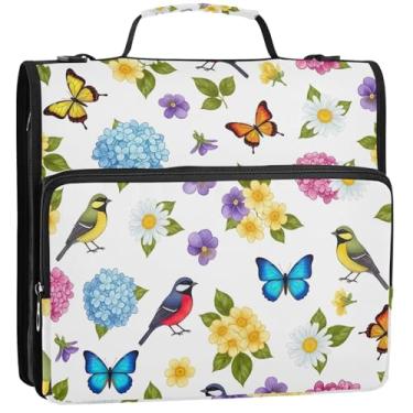 Imagem de 3 fichários de 3,8 cm Anel D colorido pássaros canoros com zíper bolsa organizadora de fichários escolares com alça de ombro pasta de armazenamento de tecido com alça, 34,5 x 31,5 x 9 cm