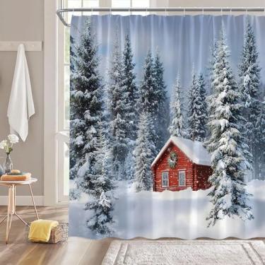 Imagem de ZRUWUA Cortina de chuveiro de floresta de inverno, pinheiros, porta de celeiro, casa de fazenda, paisagem natural, decoração de banheiro, cortina com ganchos, 178 cm L x 178 cm C