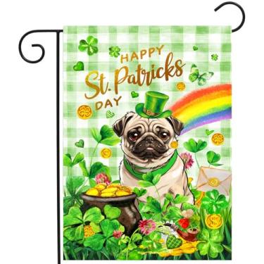 Imagem de Pug St Patricks Day Garden Flag Dog St Patrick's Day Yard Flags for Outside 12x18 Dupla Face Buffalo Plaid Shamrock Flag Small Outdoor Rainbow St Patrick's Decor