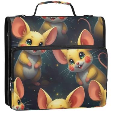 Imagem de Organizador de fichário com zíper fofo mouse amarelo 3 fichários anel D bonito bolsa de fichário escolar com alça para portfólio comporta 500 folhas, 34,5 x 31,5 x 8,9 cm