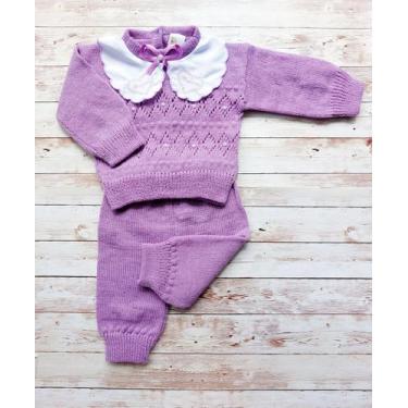 Imagem de Conj Tricô Lã Bebê Agasalho Luxo Blusa com Pérolas (meninas) e Renda B