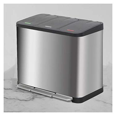 Imagem de Caixotes de lixo de grande capacidade Lixeira operada por pés Caixote de lixo de triagem de lixo retangular com tampa Lixeira de cozinha de aço inoxidável escovado (Cor: prata-30L) (prata)