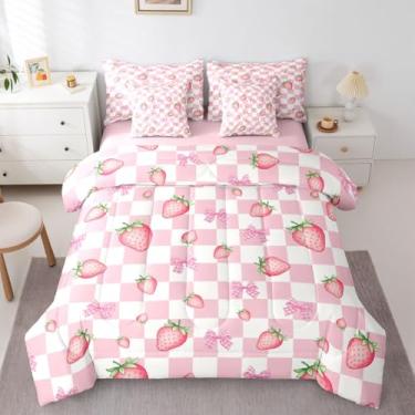 Imagem de Erosebridal Jogo de cama solteiro com laço quadriculado e rosa e branco, morango, 7 peças | Conjunto de edredom kawaii de frutas com lençóis, cama xadrez fofo com laço em uma bolsa, conjunto de cama