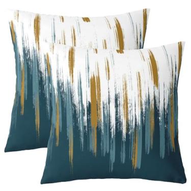 Imagem de Capas de almofada azul-petróleo branco amarelo 55 x 55 conjunto de 2 capas de almofada moderna pintura a óleo abstrata gradiente grafite chique vintage fronha para cama sofá pinceladas pinceladas