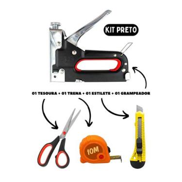 Imagem de Kits Grampeador Tapeceiro Grampos + Trena 10m + Tesoura + Estilete p/ 