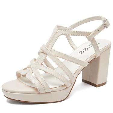 Imagem de Ruiee Sandálias femininas de salto plataforma de salto grosso, tiras no tornozelo, bico redondo, aberto, sapatos elegantes para festa de casamento, salto alto para mulheres., Bege 093, 39