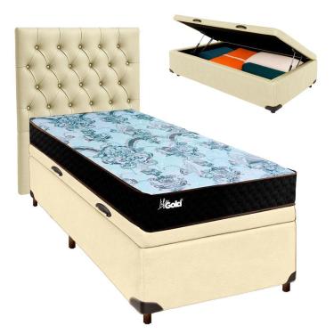 Imagem de Cama + Bau Bege E Colchão Molas Ensacadas Solteiro - Life Gold Paropas + Cabeceira