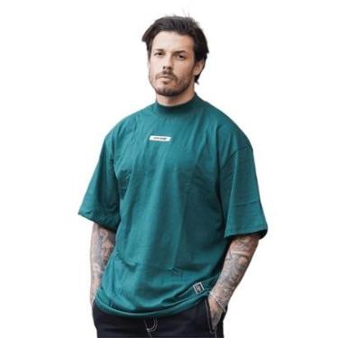 Imagem de Camiseta Oversized Gola Alta Borracha Streetwear Confortavel Masculina Verde Escuro-Masculino