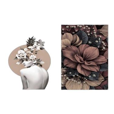 Imagem de Kit 2 Quadros Mulher Flores Marrons 24X18Cm Com Vidro Branca