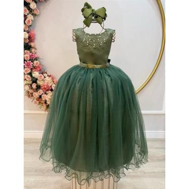 Imagem de Vestido Infantil Longo Verde Oliva Damas de Honra com Pérolas e Luxo -