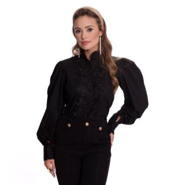 Imagem de Camisa Social Feminina Rendada Luxo Moderna Teodoro Glamour, Preto, G