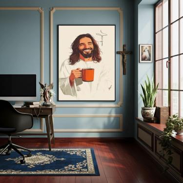 Imagem de Quadro Jesus Sorrindo Com Café  - 70x50cm