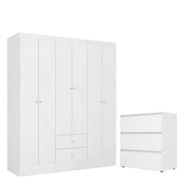 Imagem de Guarda Roupa Solteiro Astro 6 Portas Branco Rosa Flex e Cômoda Gaveteiro Condessa Branco- THB